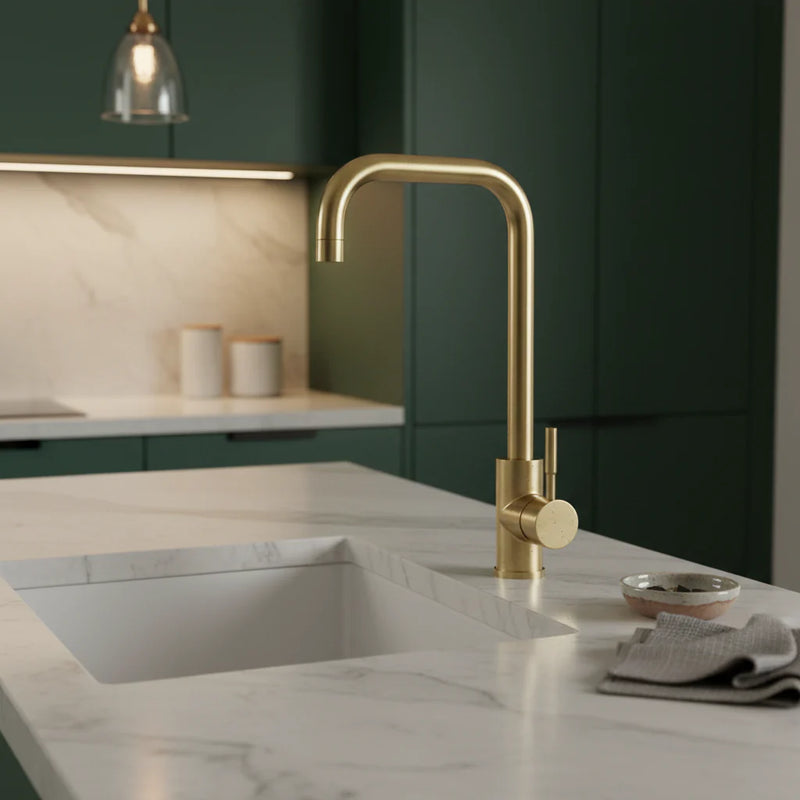 Nuie Top-Fix Vito Square Kitchen Mixer - Brushed Brass