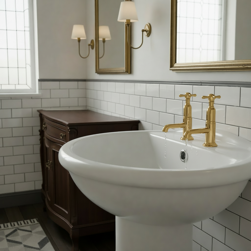 Burlington Guild Basin Pillar Taps - Gold Finish in Victorian Bathroom