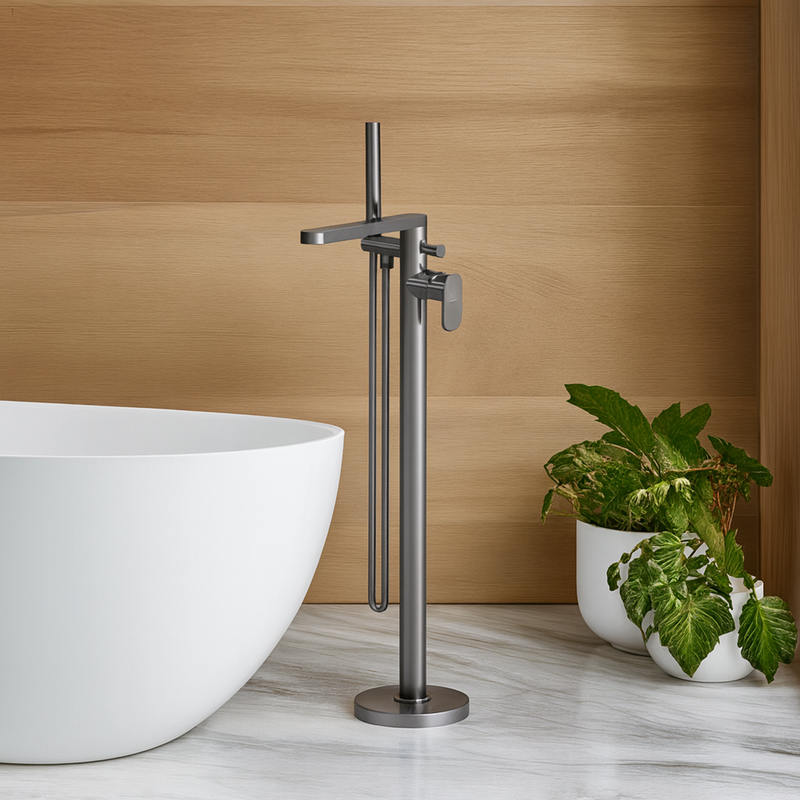Nuie Cyprus Freestanding Bath Shower Mixer Tap with Kit - Pewter