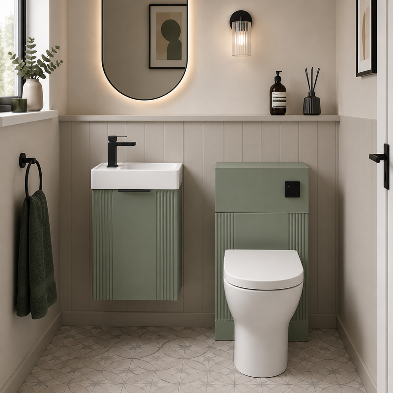 Nuie Deco 400mm Wall Hung Cloakroom Suite Package - Satin Green