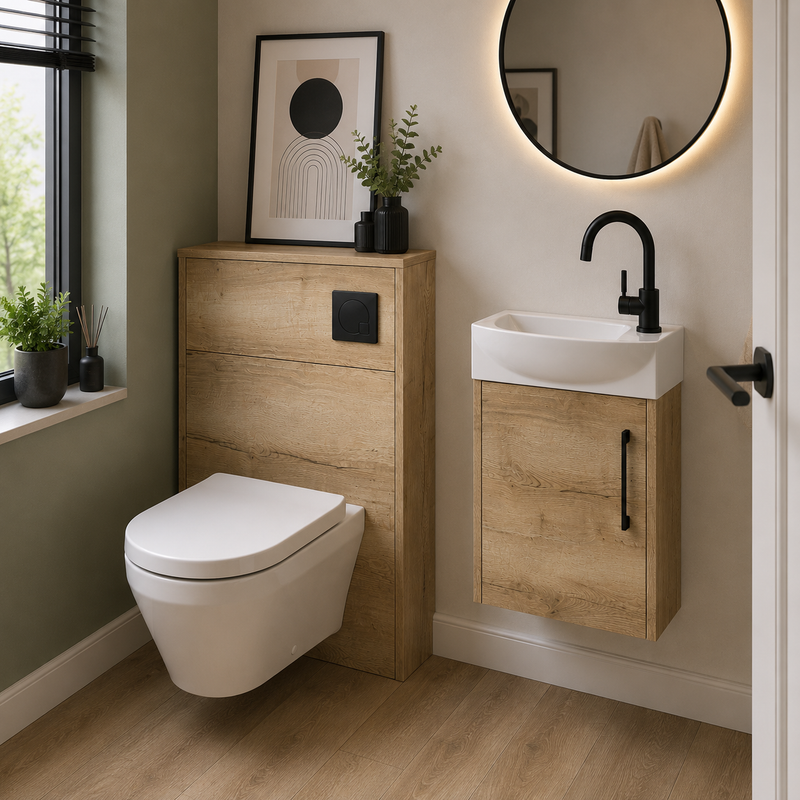 Hudson Reed Juno 440mm Wall Hung Cloakroom Suite Package - Autumn Oak