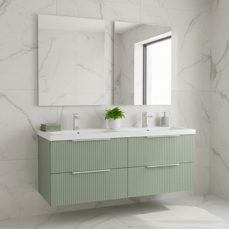 Hudson Reed sage green ribbed wall-hung 4 drawer double vanity unit with integrated twin ceramic basins and dual chrome taps styled in a spacious designer master bathroom