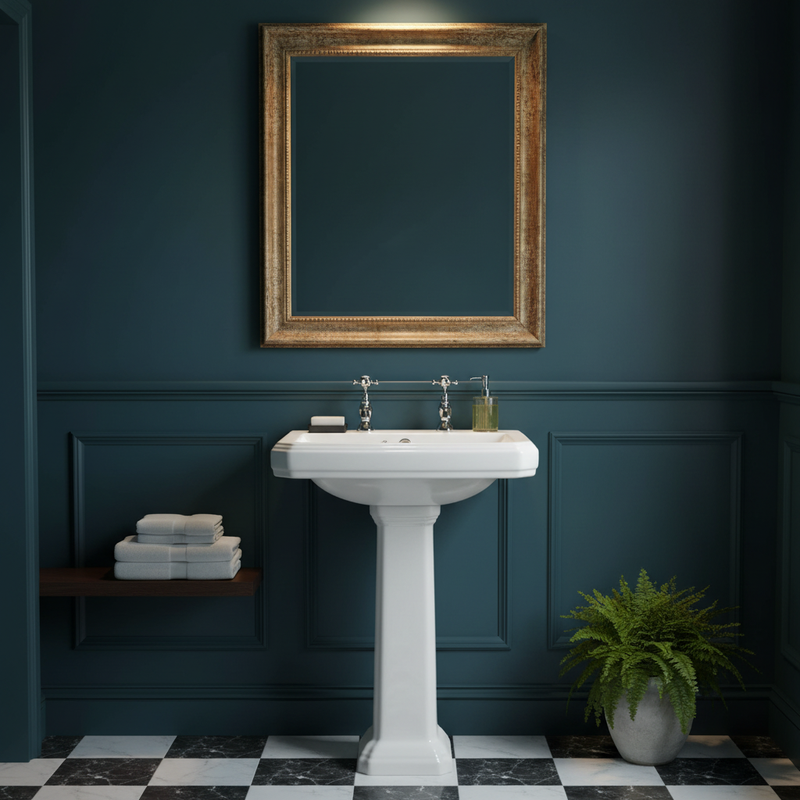Kartell Astley 2 Tap Hole Basin and Pedestal styled in a luxury heritage cloakroom setting