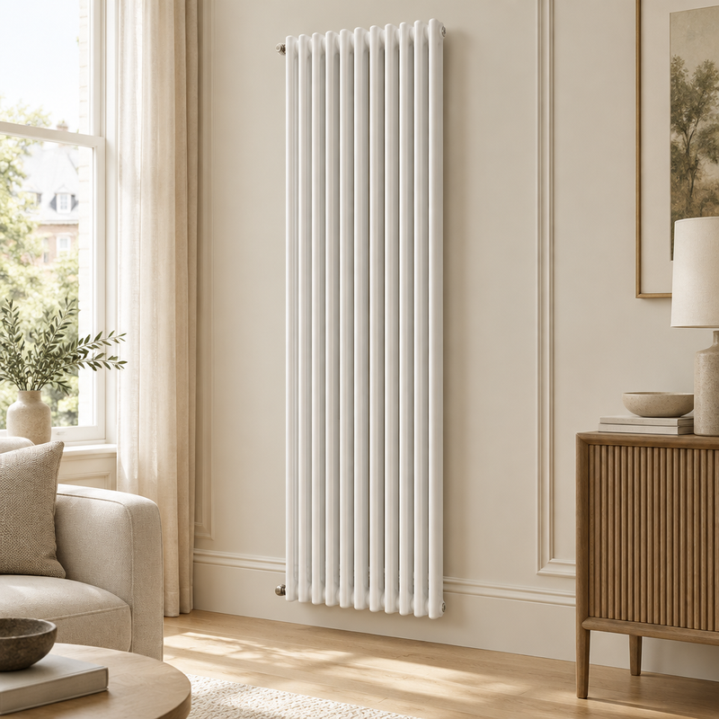 Wyvern Classico white vertical column radiator mounted in a bright, elegant home interior