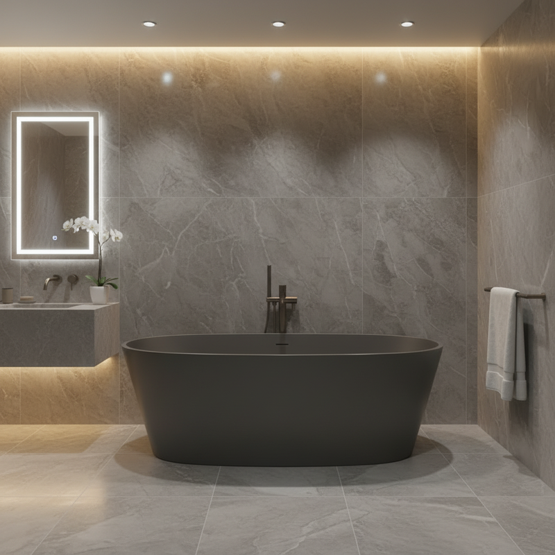 BC Designs Sorpressa gunmetal grey solid surface freestanding oval tapered bath in a lighter mid-grey marble luxury bathroom setting