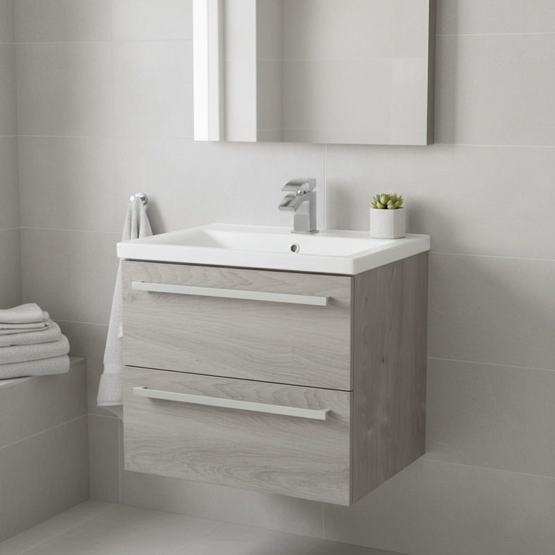 Grey oak effect wall-mounted vanity unit with two drawers, integrated ceramic basin and chrome mono tap in a bright modern bathroom setting