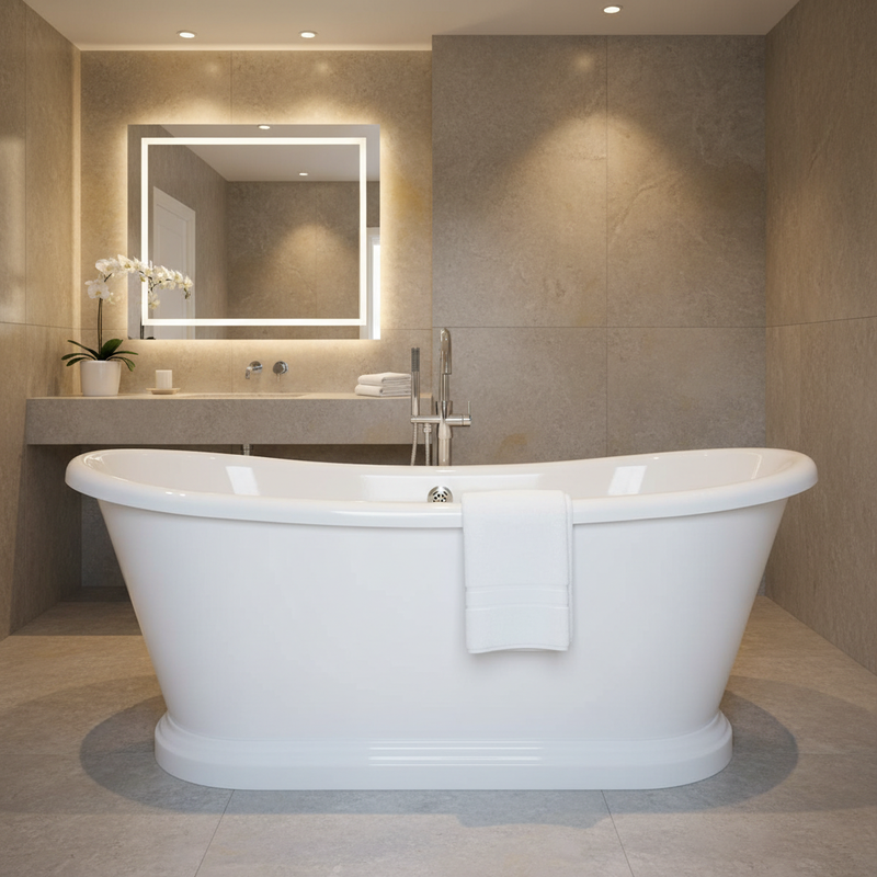 BC Designs Megane white double-ended slipper bath in a warm contemporary stone luxury bathroom setting