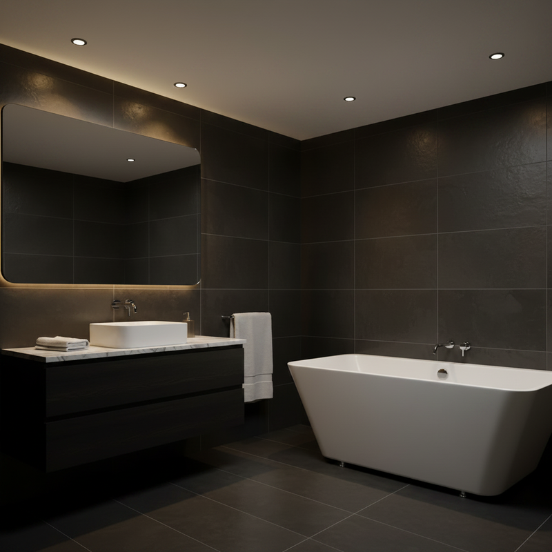 BC Designs Ancora square bath in a dark moody luxury bathroom setting