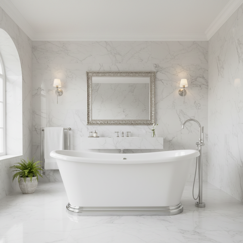 BC Designs white freestanding traditional acrylic boat bath with chrome plinth in a bright white marble luxury bathroom