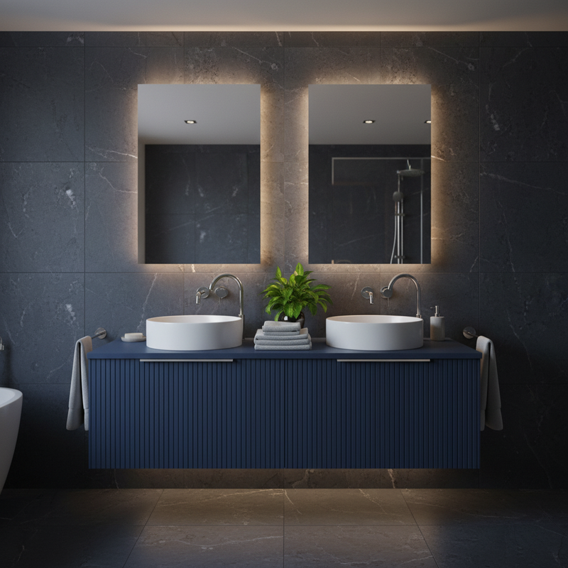 Hudson Reed navy blue ribbed wall-hung 2 door vanity worktop unit with twin white vessel basins and chrome taps styled in a dramatic dark designer master bathroom