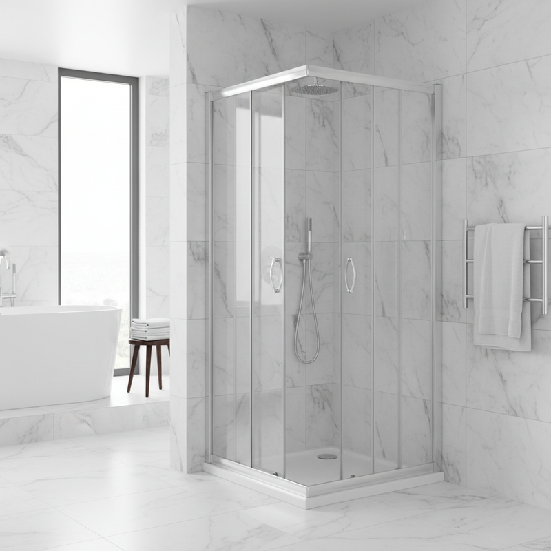 Square chrome shower enclosure installed in a bright luxury marble bathroom setting