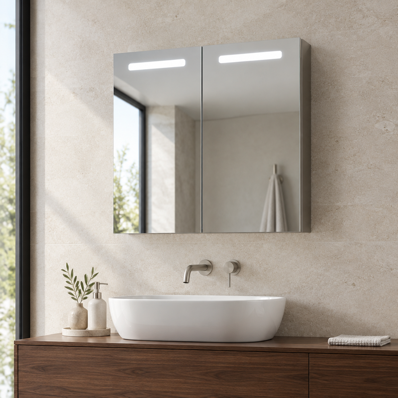 Kartell Blenheim double door bathroom mirror cabinet in a designer setting with ice-white lighting