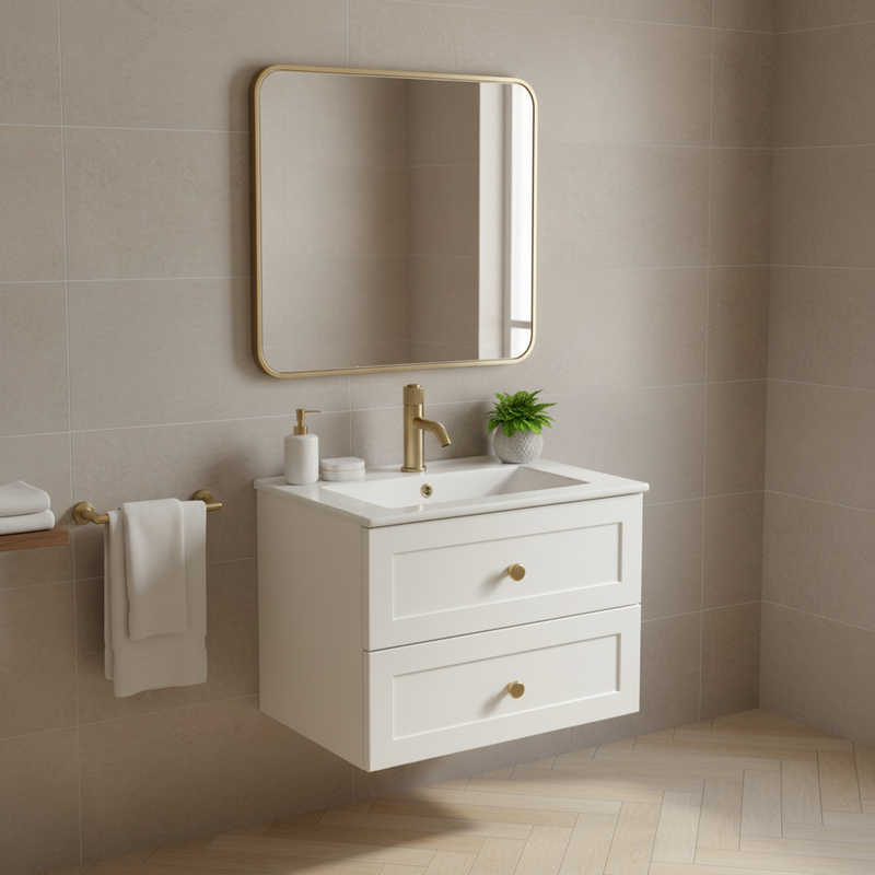 Tailored Bathrooms Bakewell white shaker wall-hung 2 drawer vanity unit with integrated ceramic basin and brushed gold tap and knob handles styled in an elegant classic-contemporary designer bathroom
