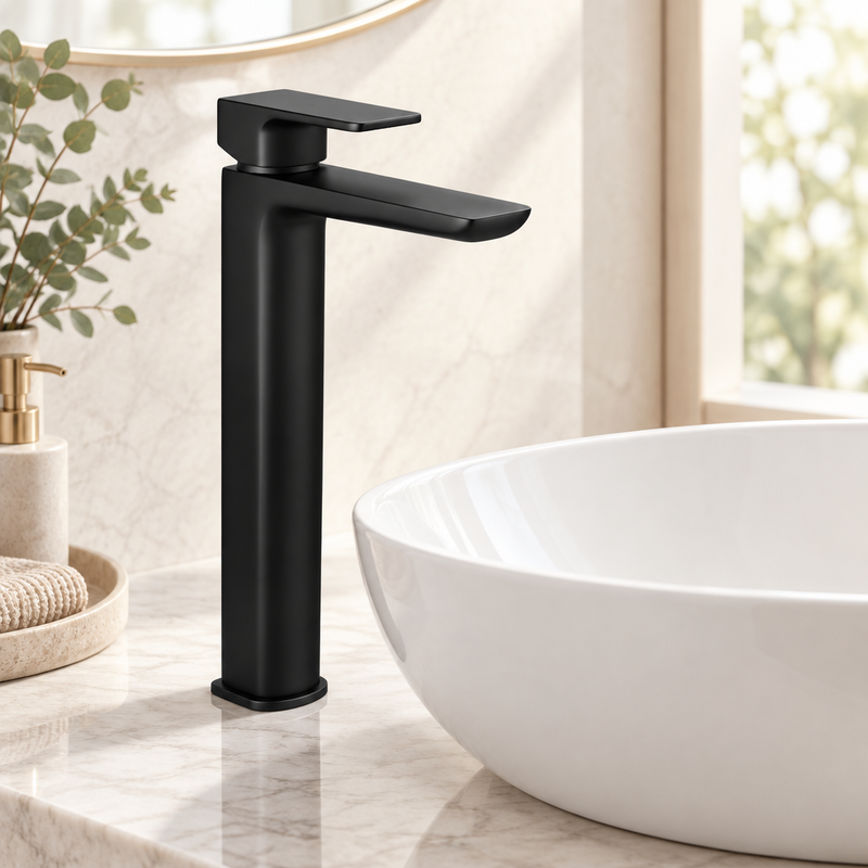 Tall matt-black basin mixer installed beside a raised white vessel basin on a pale stone countertop in a bright bathroom