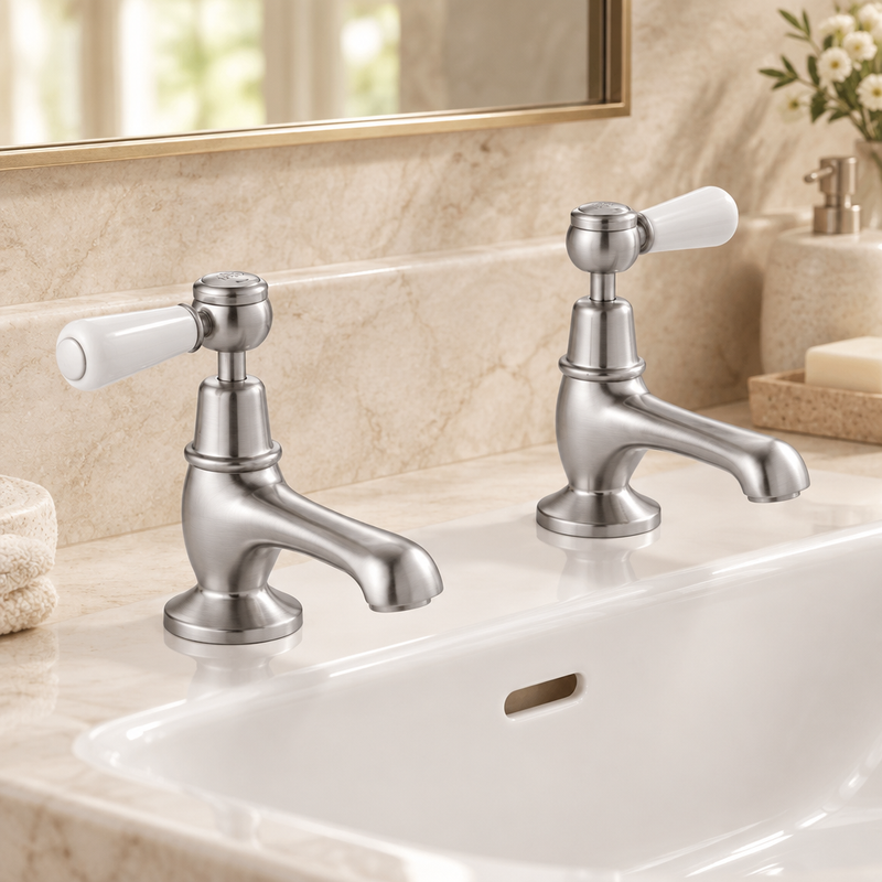 Pair of brushed-chrome basin taps with white porcelain lever handles on a white ceramic basin against warm ivory marble