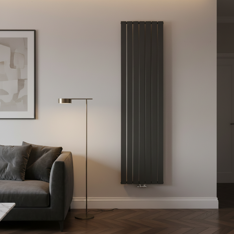 Reina Flat Anthracite vertical designer radiator in a luxury contemporary living room setting