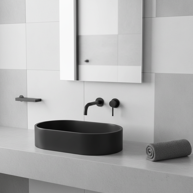 Matte black oval ceramic countertop basin on light grey concrete counter in a bright luxury bathroom setting