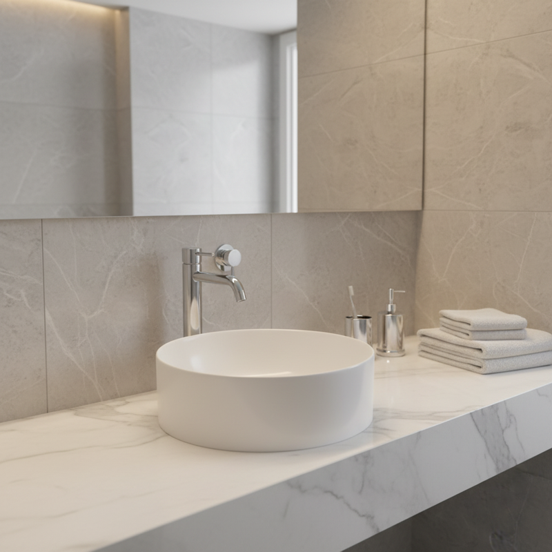 White round countertop basin with wall-mounted chrome tap on marble bathroom counter