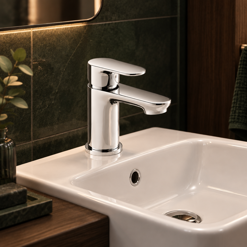 Kartell Mirage Mini gloss chrome basin mixer tap installed on a white basin against dark bathroom tile and wood accents