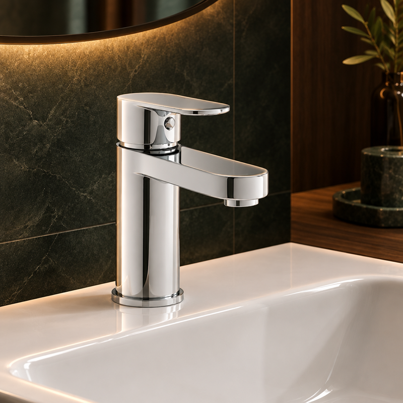 Kartell Logik gloss chrome mono basin mixer tap installed on a white basin against dark bathroom tile and wood accents