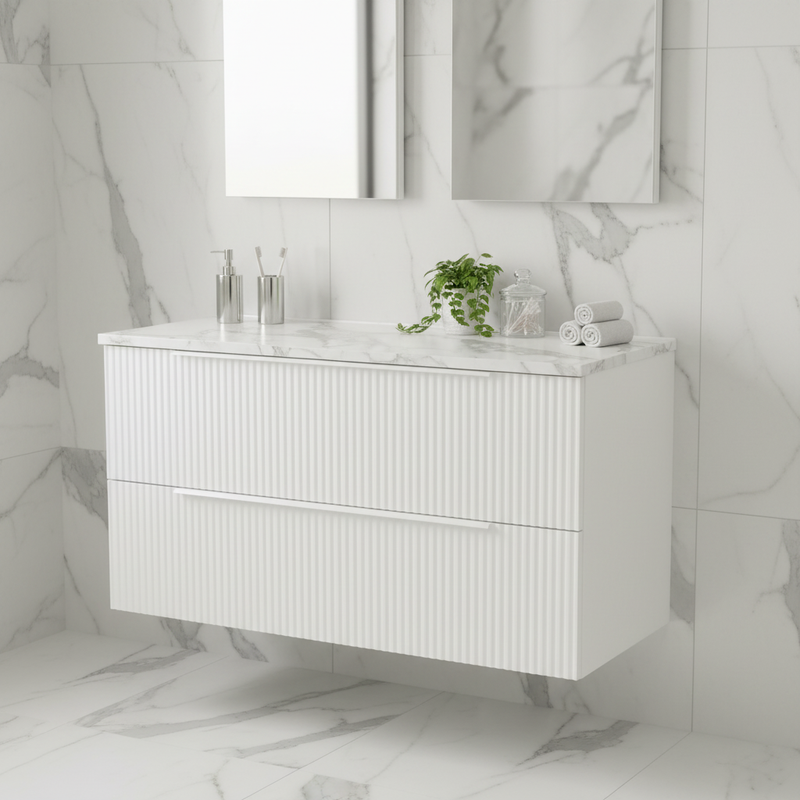 Hudson Reed Fluted 800mm Wall Hung 2-Drawer Vanity & Laminate Worktop White