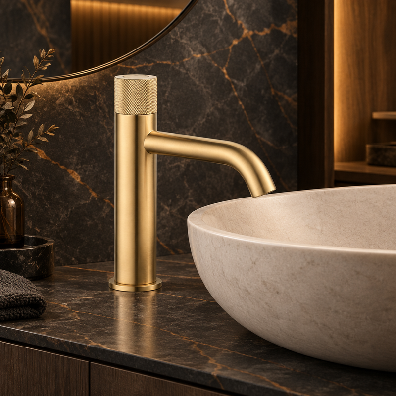 Brushed-brass basin mixer with textured collar and curved spout beside a pale vessel basin on dark charcoal marble with warm lighting
