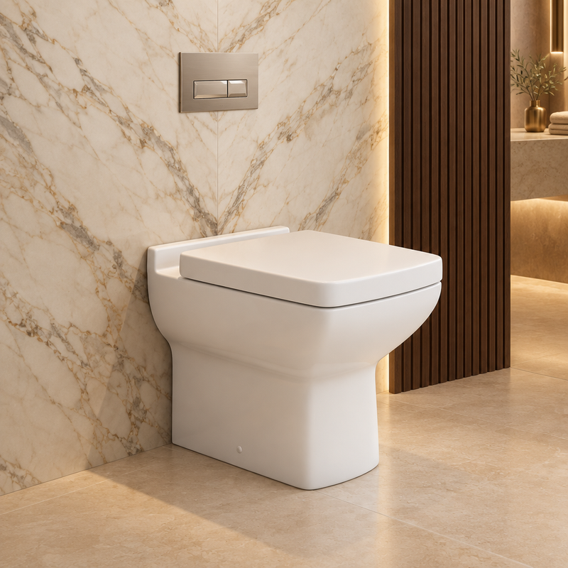 White back-to-wall toilet with concealed cistern flush plate in an upmarket marble and walnut bathroom