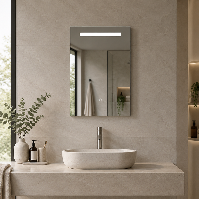 Kartell Stroud portrait bathroom mirror with bright white LED top strip above a basin