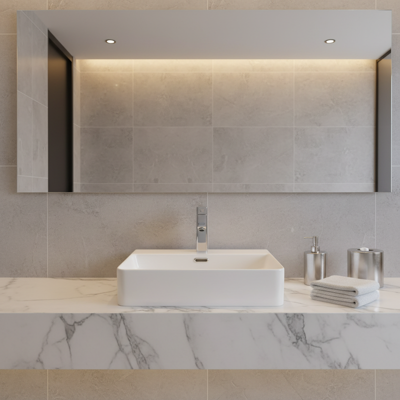White rectangular countertop basin with chrome mono tap on marble bathroom counter
