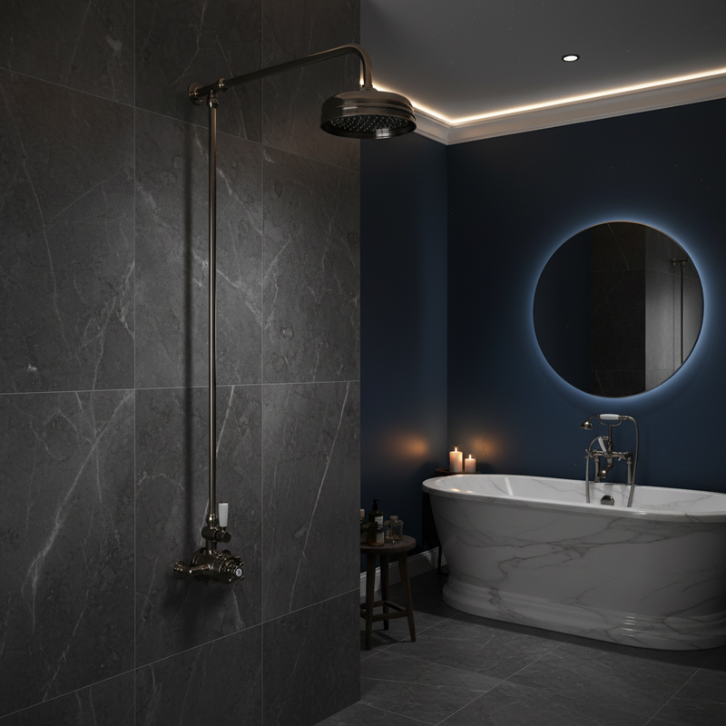 Traditional exposed thermostatic shower column in gunmetal finish in a luxury bathroom setting