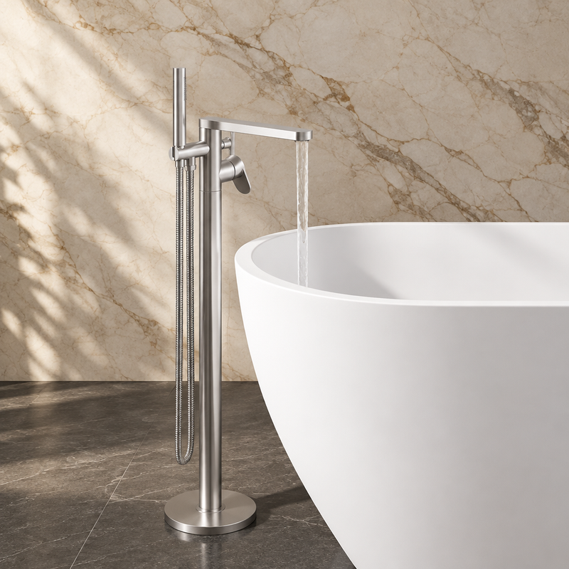 Freestanding brushed silver bath filler with hand shower beside a white bath in a dramatic marble bathroom
