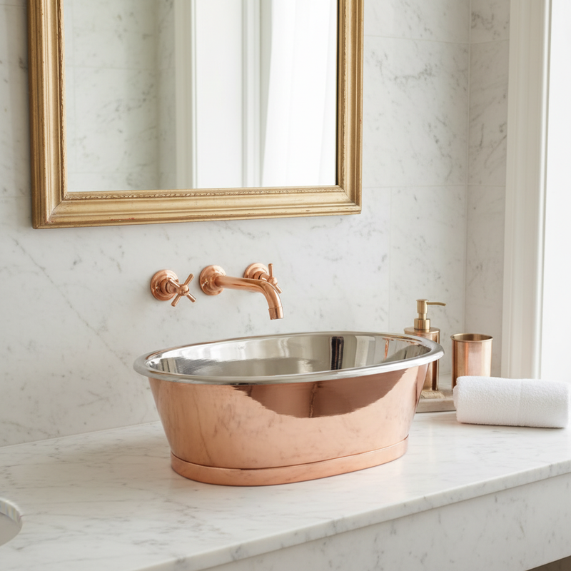 Polished copper oval countertop basin with nickel interior on white Carrara marble counter in a bright luxury boutique bathroom setting