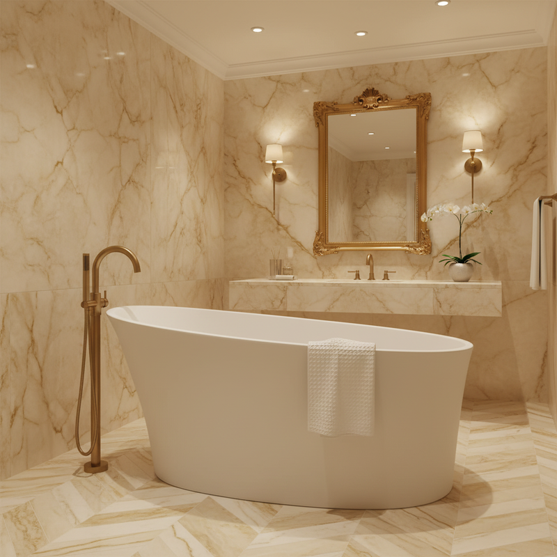 BC Designs Delicata white solid surface freestanding slipper bath in a warm gold-veined marble luxury spa bathroom setting