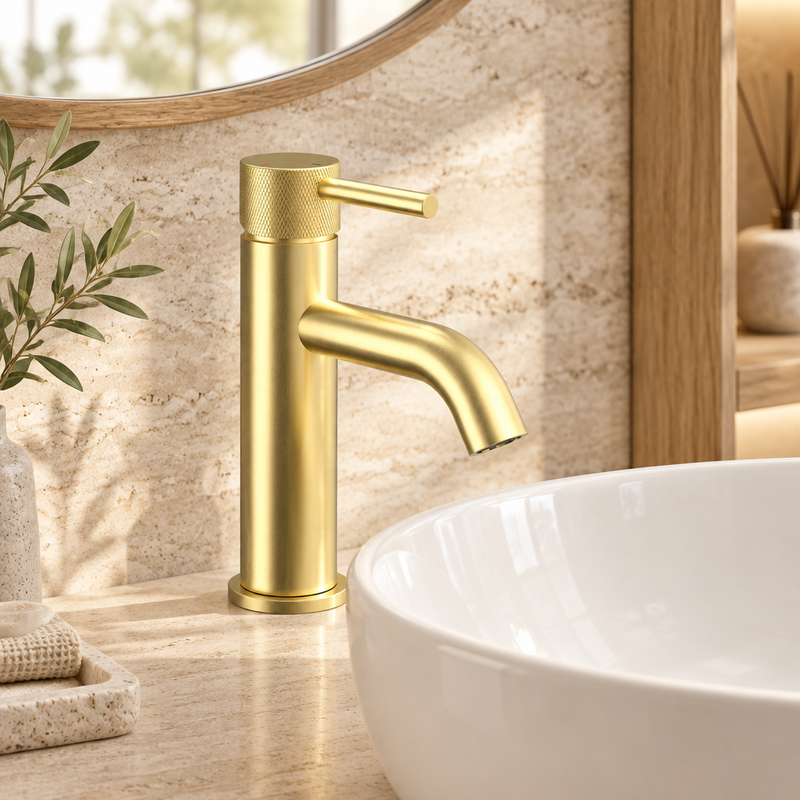 Brushed-brass Redondo round basin mixer with textured single lever above a white vessel basin against warm ivory limestone and light oak