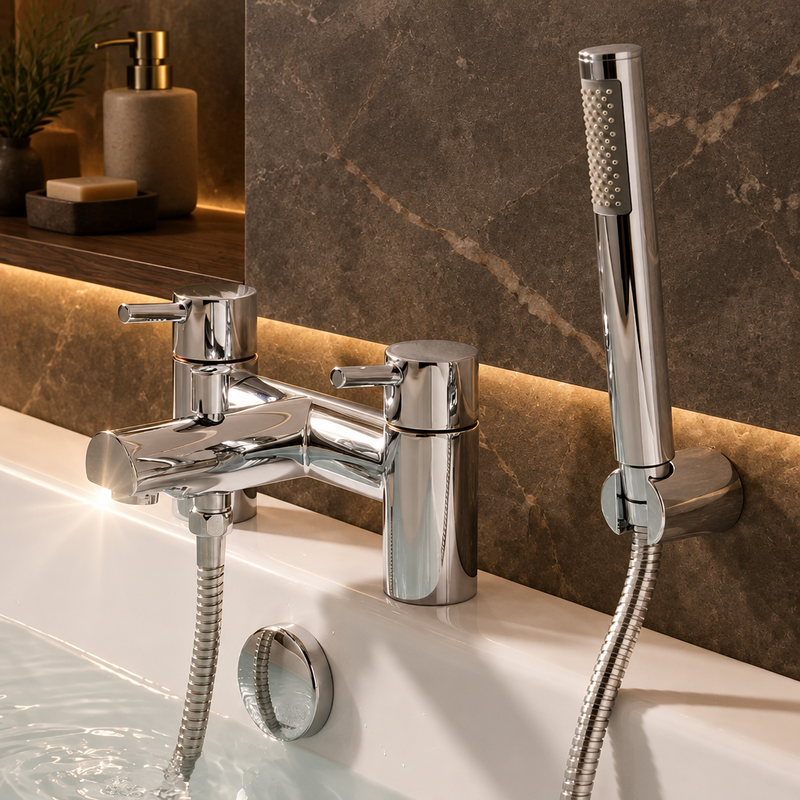 Chrome bath shower mixer with handheld shower shown against warm taupe stone and smoked oak with soft amber lighting