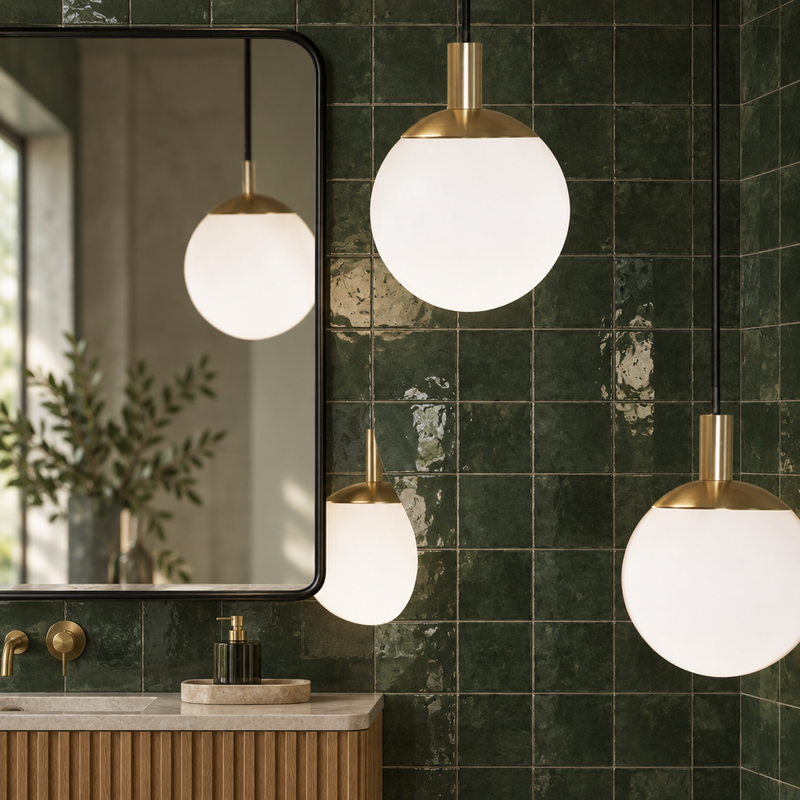 Iona brushed brass globe bathroom pendant lights against a green zellige tiled wall