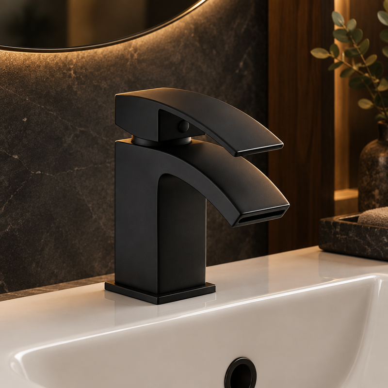 Kartell Fiuto Nero matt black basin mixer tap installed on a white basin against dark bathroom tile and wood accents