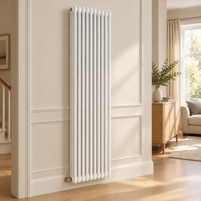 Wyvern Classico white four-column vertical radiator mounted in a bright, elegant home interior