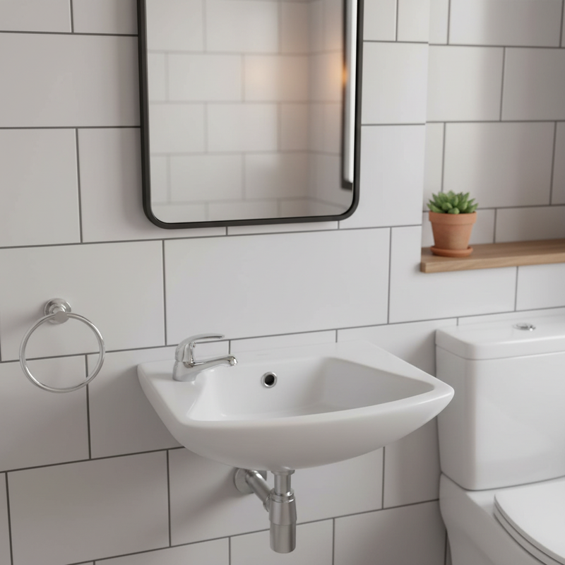 White wall-hung angular cloakroom basin with single chrome mono tap installed in a stylish compact cloakroom with white subway tiles