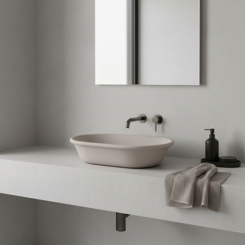 Matte greige oval solid surface countertop basin on light grey concrete counter in a bright luxury minimalist bathroom