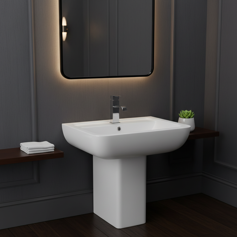 Kartell square basin with semi-pedestal styled in a luxury cloakroom setting