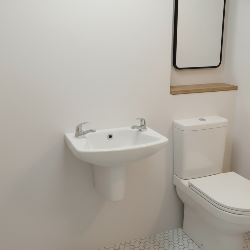 White wall-hung cloakroom basin with two chrome pillar taps mounted directly on wall with no pedestal