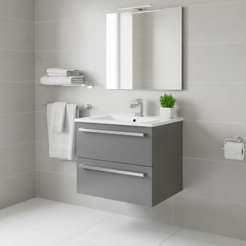 Storm grey gloss wall-mounted vanity unit with two drawers, chrome bar handles, integrated ceramic basin and chrome mono tap in a bright modern bathroom setting
