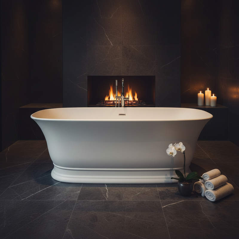 Bayswater Elmsworth 1555mm freestanding bath in a luxury low-lit designer bathroom with fireplace and candles