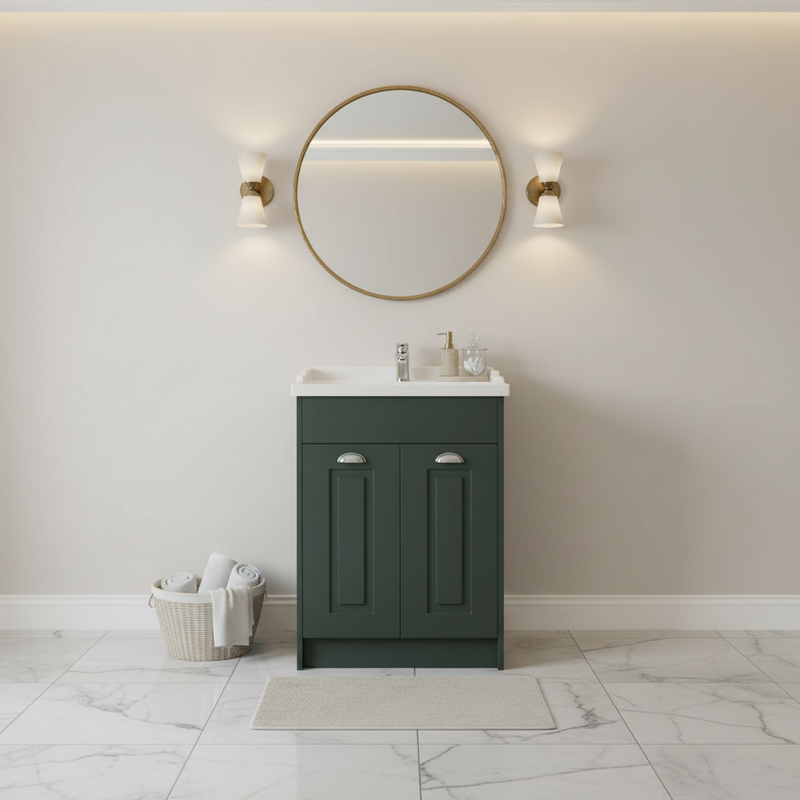Kartell Astley 600mm floor standing vanity unit in matt green in a bathroom setting