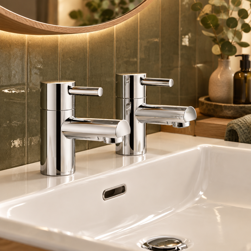 Pair of Kartell Plan polished chrome lever basin taps installed on a white basin against warm olive tile and oak accents