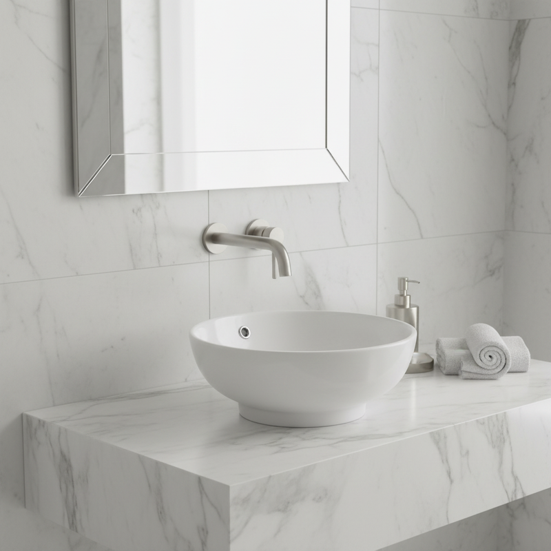 White gloss round ceramic bowl countertop basin on white Carrara marble counter in a bright luxury bathroom setting