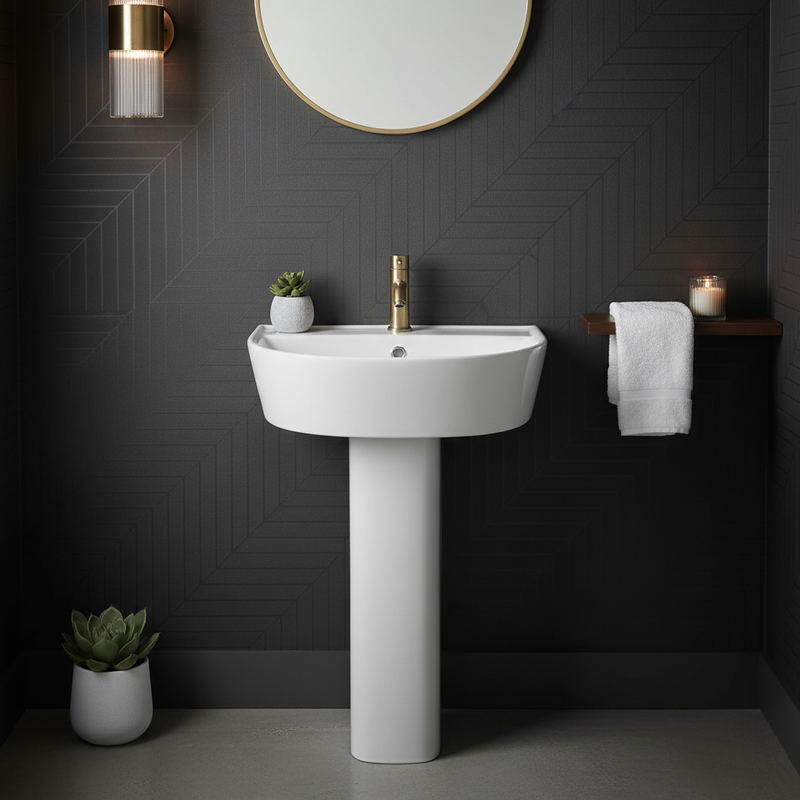 Kartell Genoa Round 550mm Basin styled in a luxury cloakroom setting