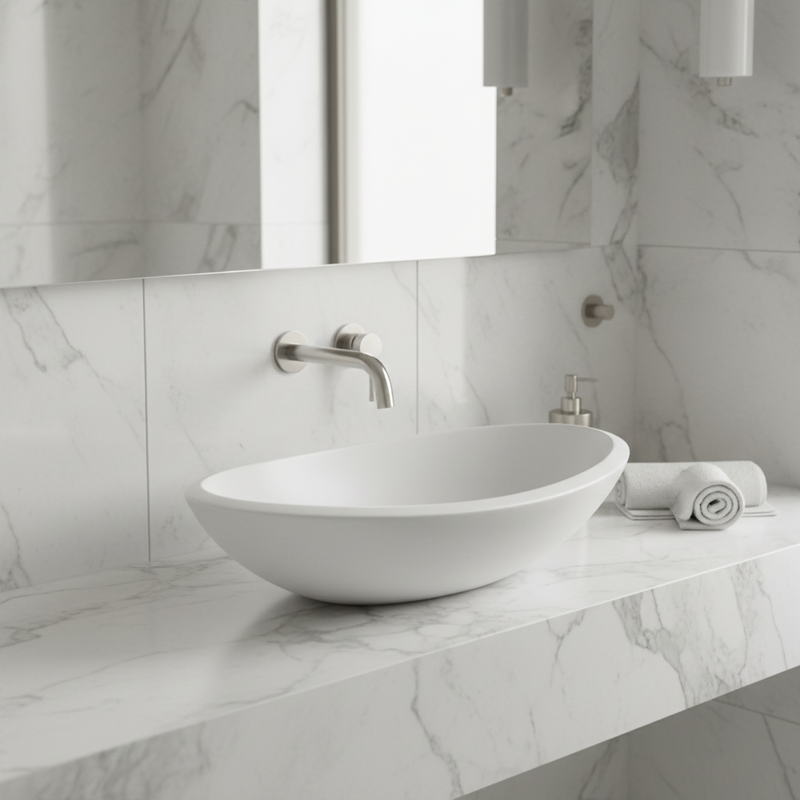 White matte solid surface organic oval countertop basin on Carrara marble counter in a bright luxury bathroom setting