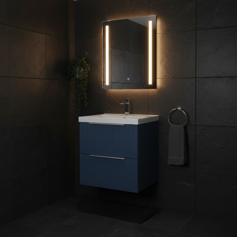 Hudson Reed satin blue ribbed fluted wall-hung 2 drawer vanity unit with integrated white ceramic basin and chrome tap styled in a dramatic dark charcoal cloakroom setting